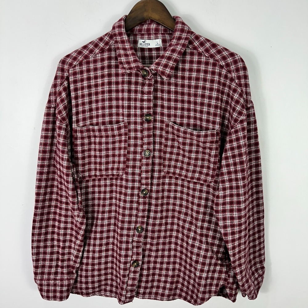 Hollister Shirt Jacket Mens Large‎ Red Plaid Flannel Shacket Oversized Layering